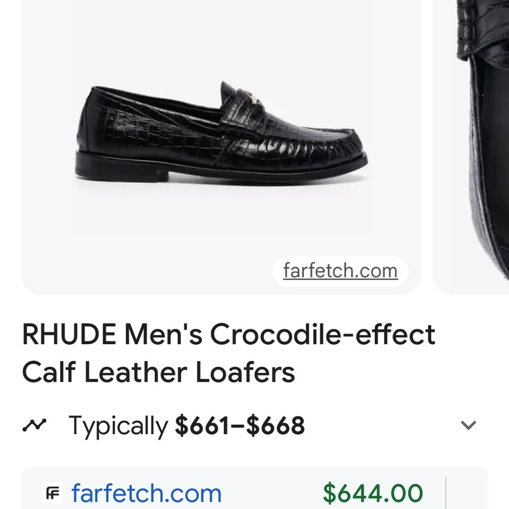 Rhude Black Croc-Embossed Leather Men's Loafers Size 12 Designer Slip-On - Picture 3 of 6